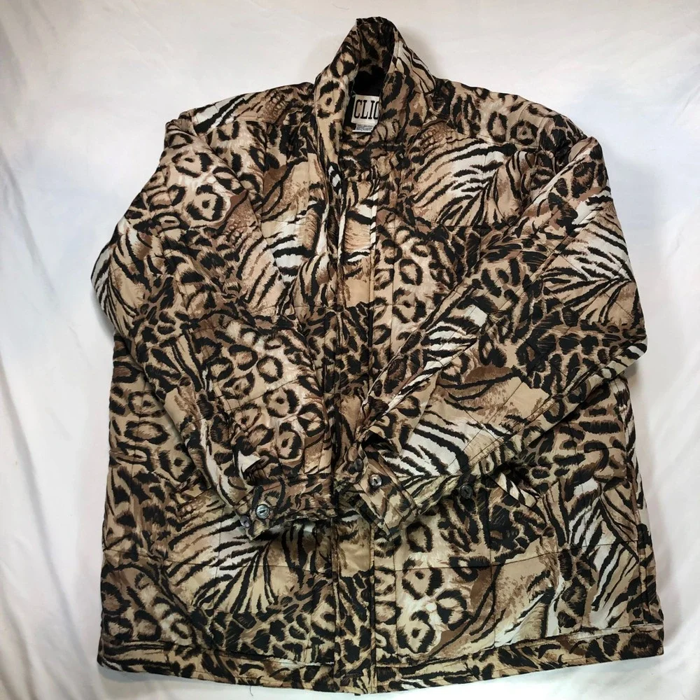 Clio 100% Silk Quilted Jacket Womens L Leopard Tiger Animal Print Brown Puffer